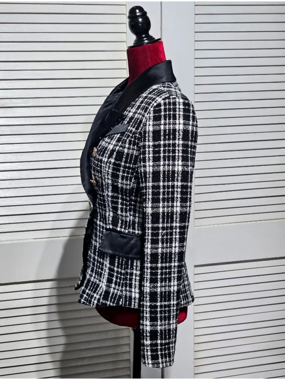 Rachel Parcell Women's Plaid Tweed Double Breasted Satin Lapel Blazer Sz 4 3151 - Picture 4 of 16